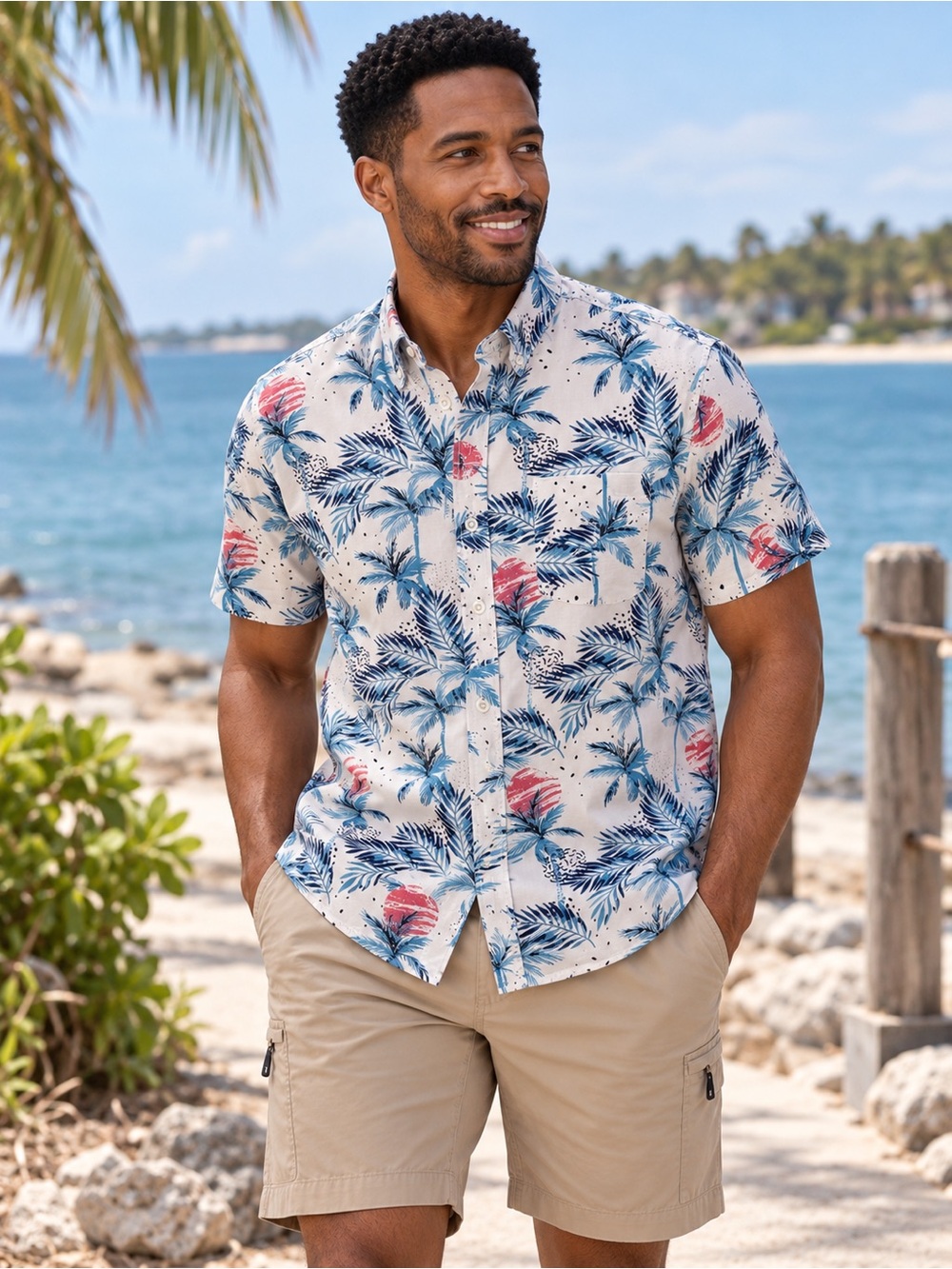 Denim & Flower Ricky Singh Men’s Small Tropical Palm Shirt Blue Floral Hawaiian